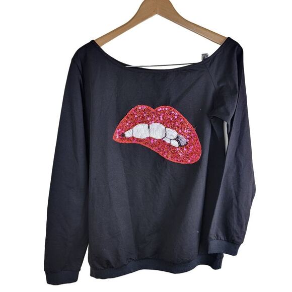 MAGICMK Tops - Off The Shoulder Blouse size M Black Sequins Bite Lips Never with Teeth
